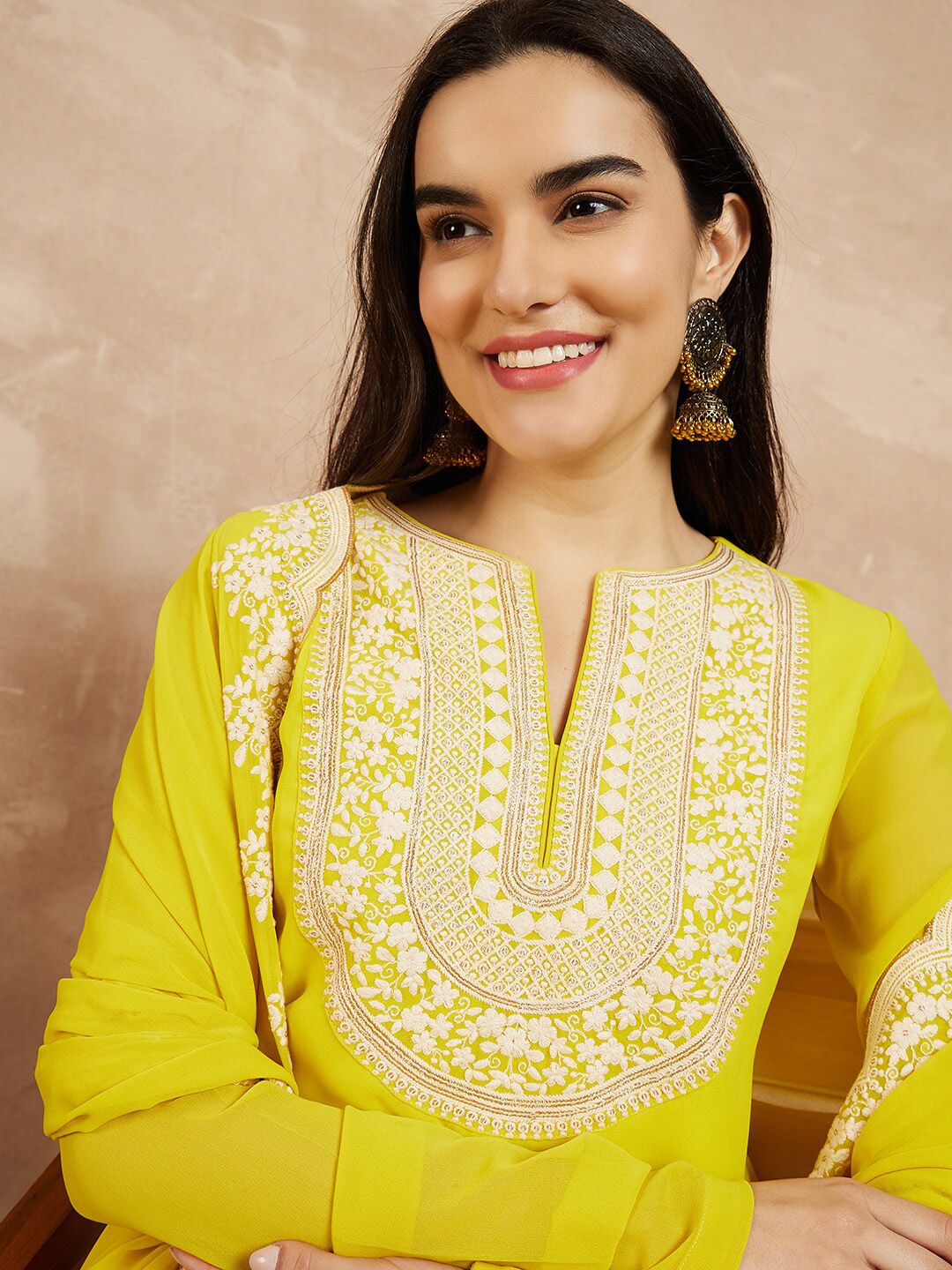 Dhiyona IN Yellow & Gold Toned Yoke Design Embroidered Straight Kurta With Sharara & Dupatta
