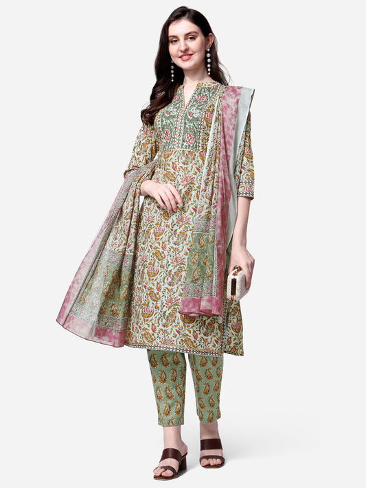 Dhiyona KL Women Green Floral Printed Gotta Patti Pure Cotton Kurta with Trousers & With Dupatta