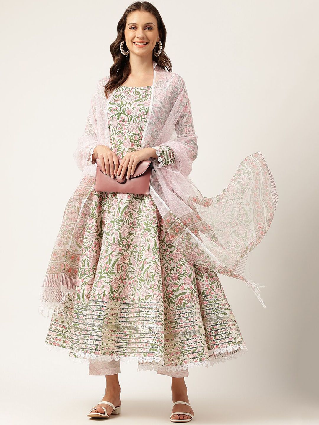 Dhiyona KL Floral Printed Pure Cotton Anarkali Kurta & Trousers With Dupatta