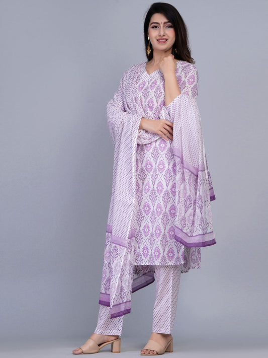 Dhiyona KL Ethnic Motifs Printed Straight Pure Cotton Kurta & Trousers With Dupatta