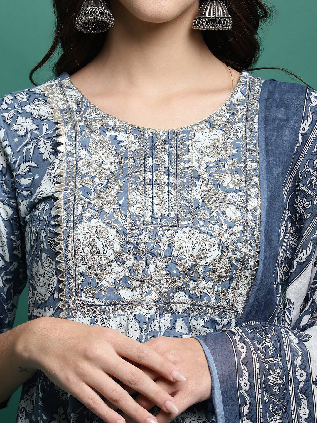 Floral Printed Pure Cotton Anarkali Kurta With Trousers & Dupatta
