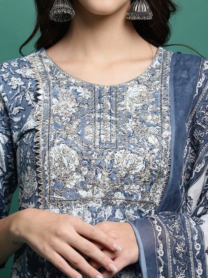 Floral Printed Pure Cotton Anarkali Kurta With Trousers & Dupatta