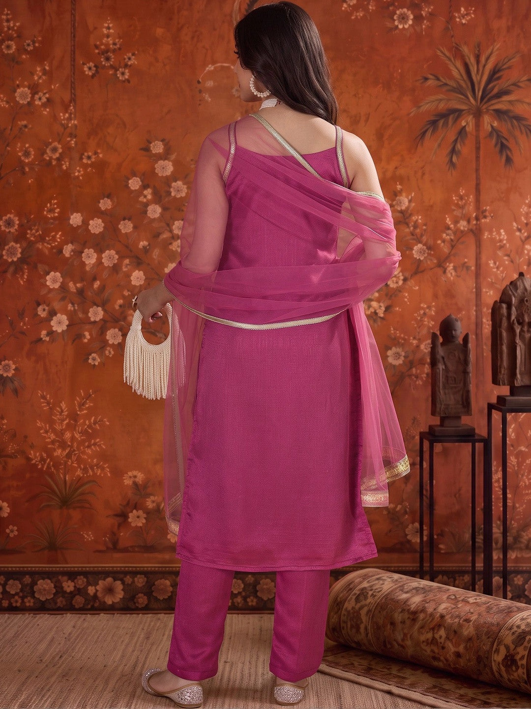 Silk Blend Round Neck Kurta & Trousers With Dupatta