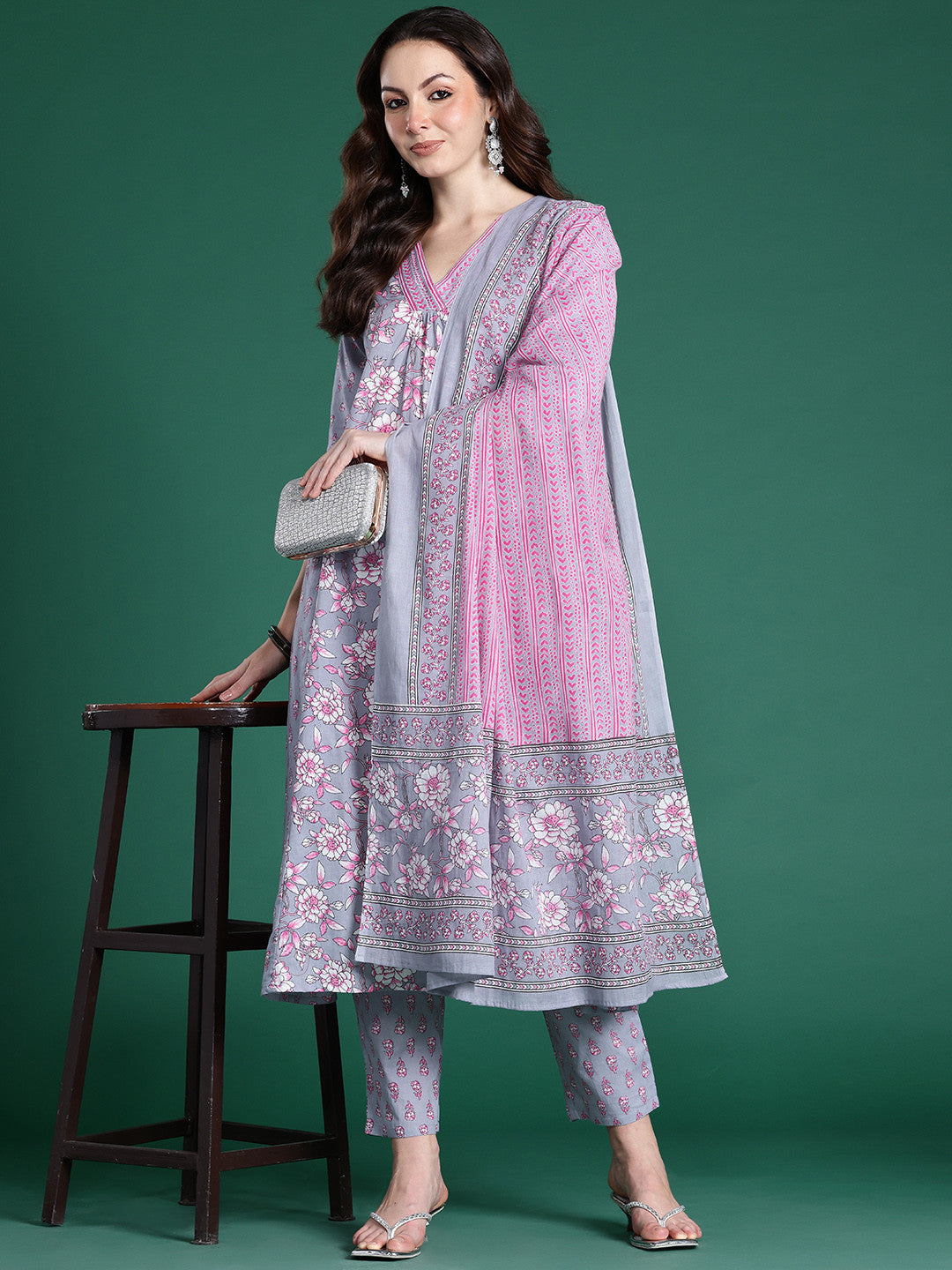 Floral Printed Pure Cotton Kurta with Trousers & Dupatta