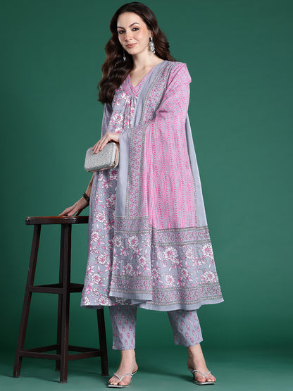 Floral Printed Pure Cotton Kurta with Trousers & Dupatta