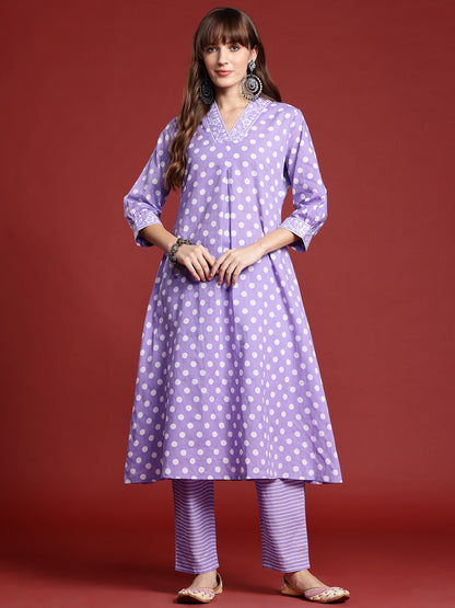 Printed Pleated Pure Cotton Kurta with Trousers