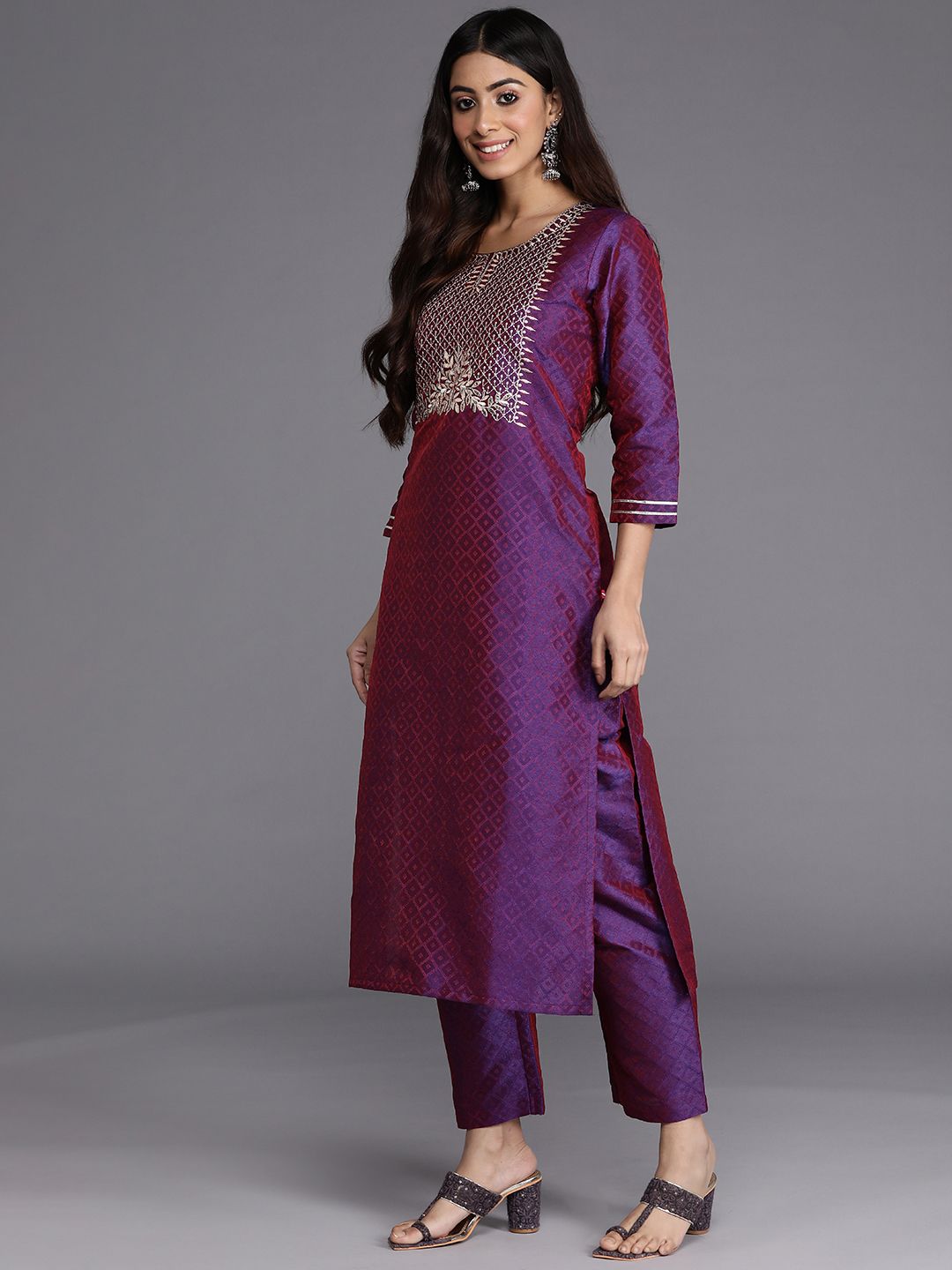 Purple Purple Geometric Woven Design Thread Work Jacquard Kurta with Trousers & Dupatta