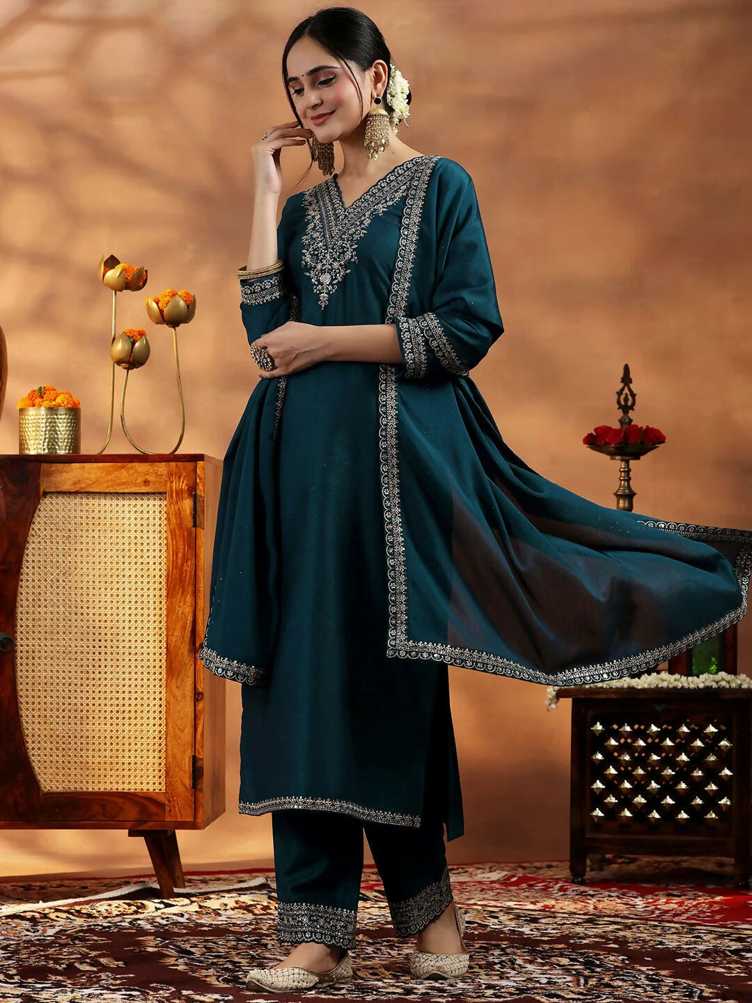 Women's LB Teal Yoke Design Silk Blend Straight Suit With Dupatta