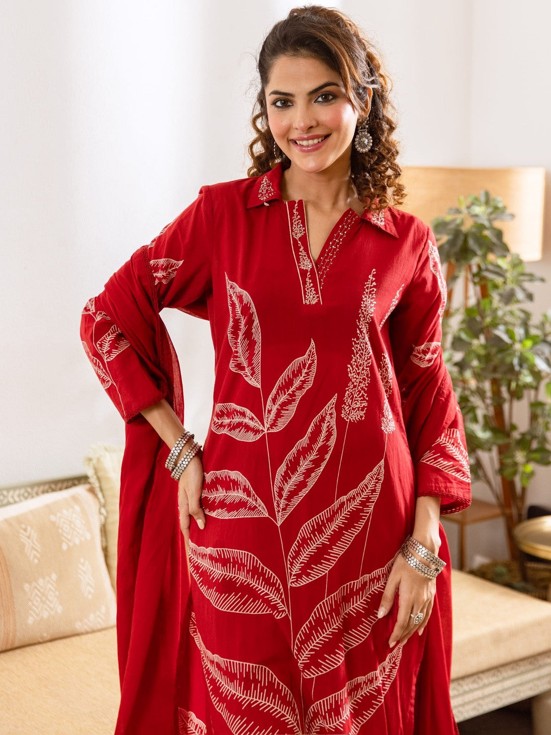 Printed Pure Cotton Shirt Collar Neck Kurta & Trousers With Dupatta