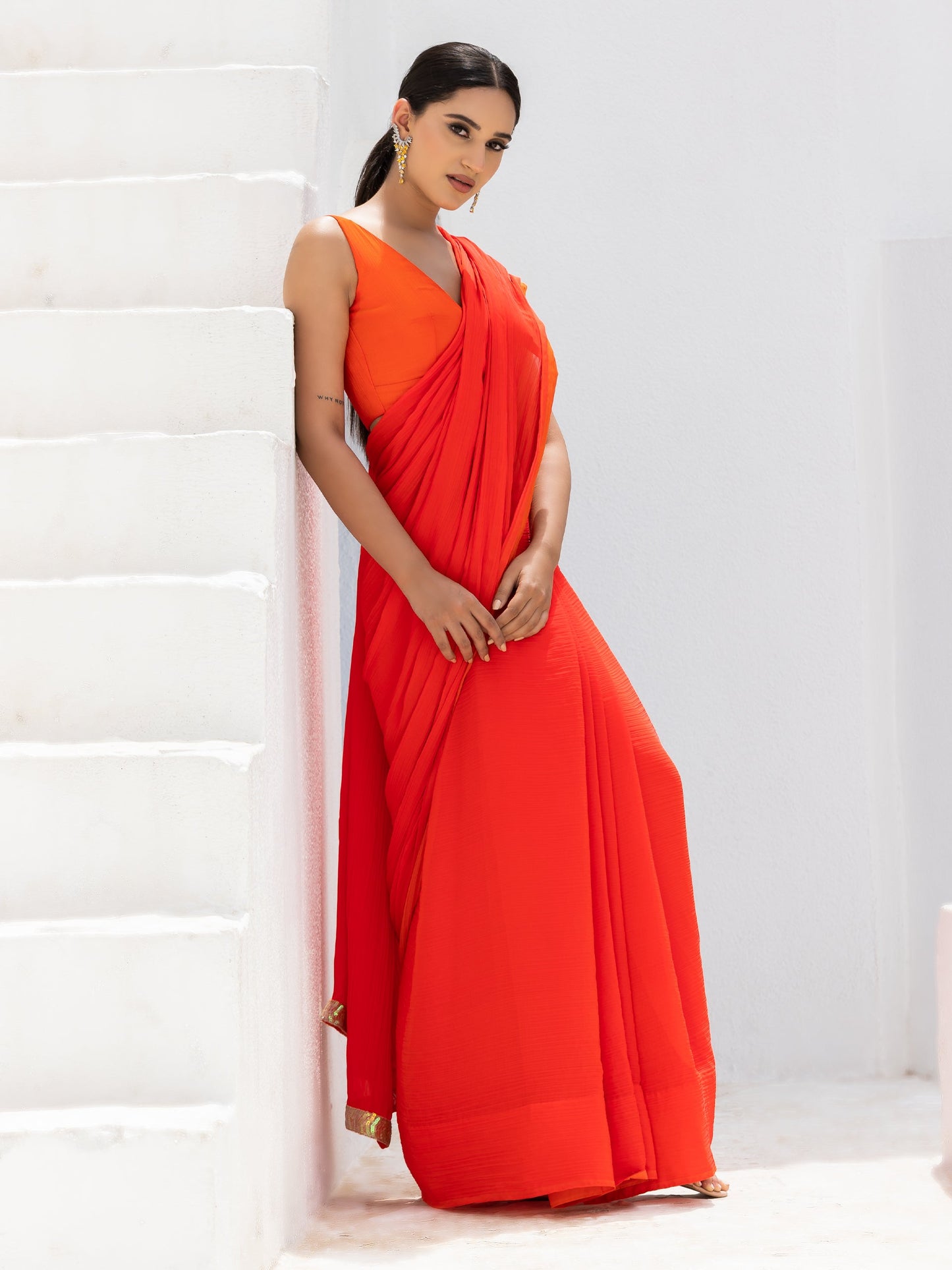 Dhiyona ST Candy Orange Yellow Pure Chiffon Saree with Blouse Fabric