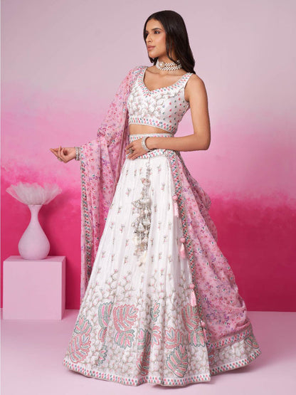 Women Cream Pure Chiffon Sequins and thread embroidery  Lehenga choli & Dupatta