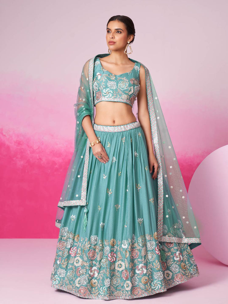 Women Turquois Blue Pure Georgette Sequins embroidery Lehenga choli & Dupatta