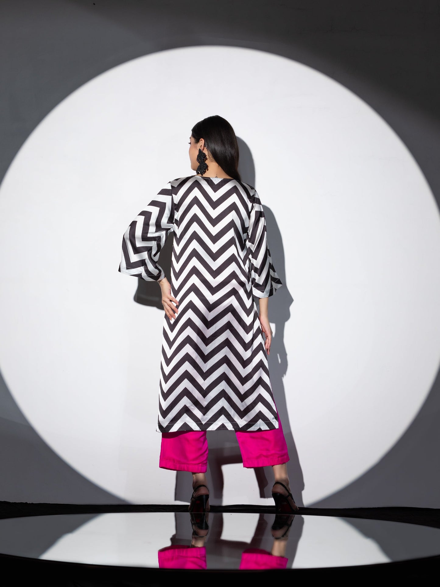 Dhiyona ST Women's Black and White Chevron Satin Kurta with Center Black Beaded Lace 1 Piece | A-Line, V Neck, Full Sleeves,Casual Wear, Festive Wear, (Satin)