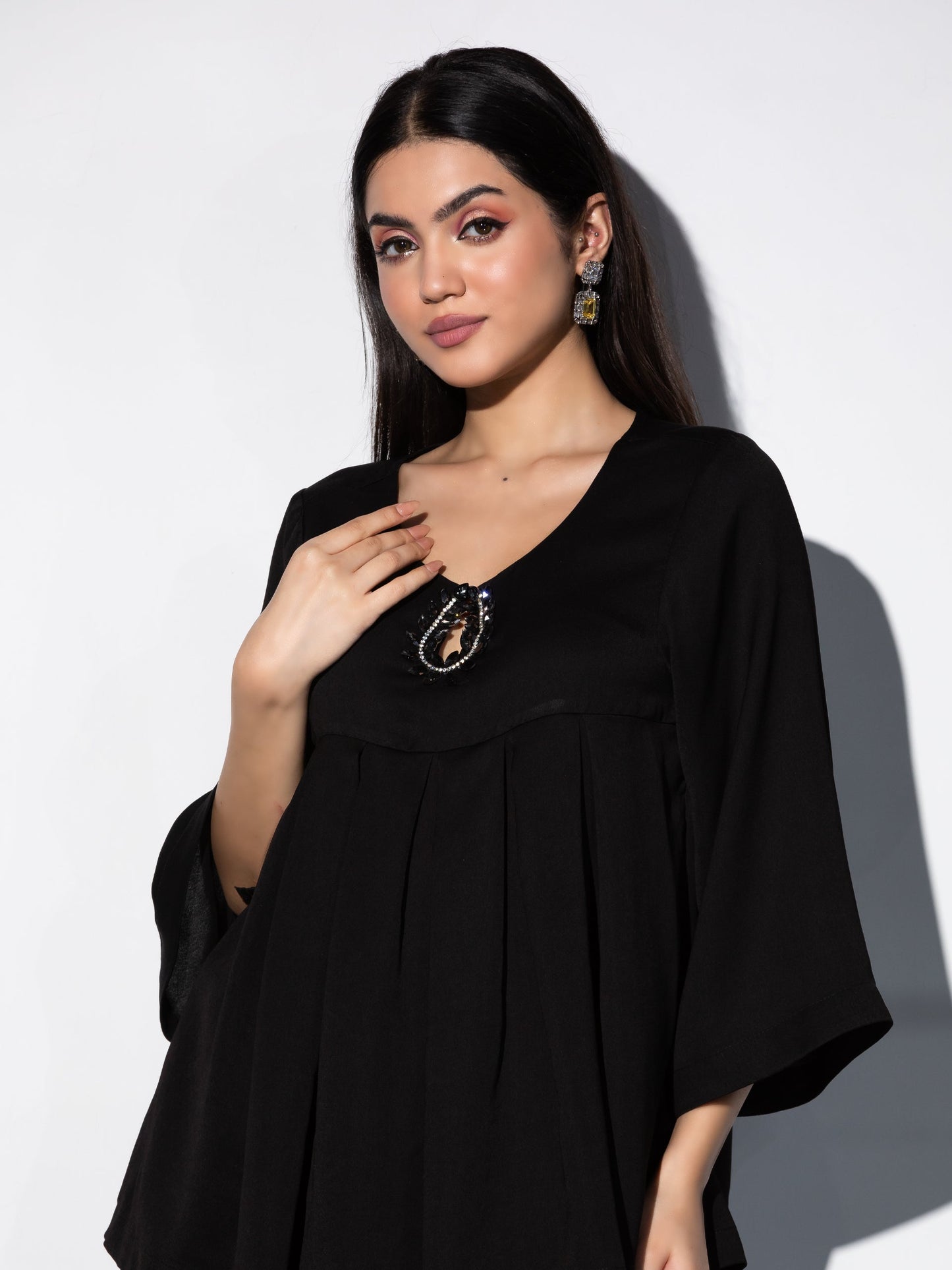 Dhiyona ST Women's Keyhole Black Korean Kurta Top 1 Piece | A-Line, V Neck, 3/4 Sleeves, Festive Wear, (Korean Fabric)