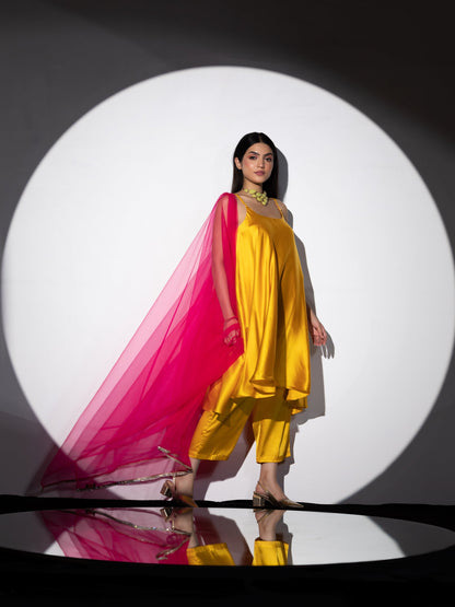 Dhiyona ST Women's Yellow Satin Dress with Pants and Net Dupatta with Lace 3 Piece Set | A-Line, Round Neck, Sleeveless, Pants, Partywear, (Satin)