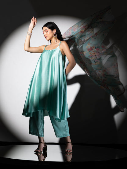 Dhiyona ST Women's Mint Stripe Satin Dress Set with Pants and Organza Printed Dupatta with Lace 3 Piece Set | Straight Fit, Round Neck, Sleeveless, Pants, Partywear, (Satin Organza)