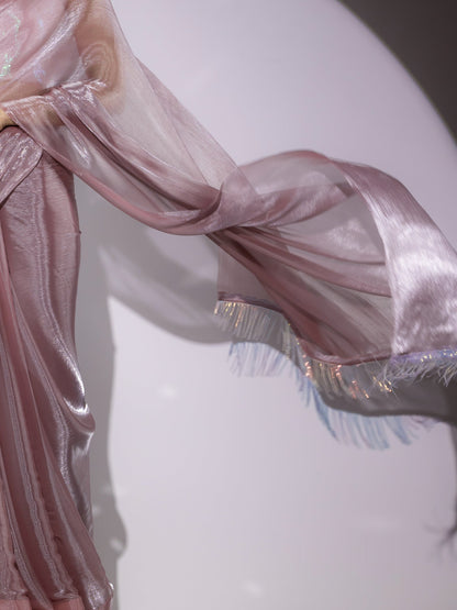 Dhiyona ST Rosy Cloud Organza Satin Saree with Long Iridescent Lace