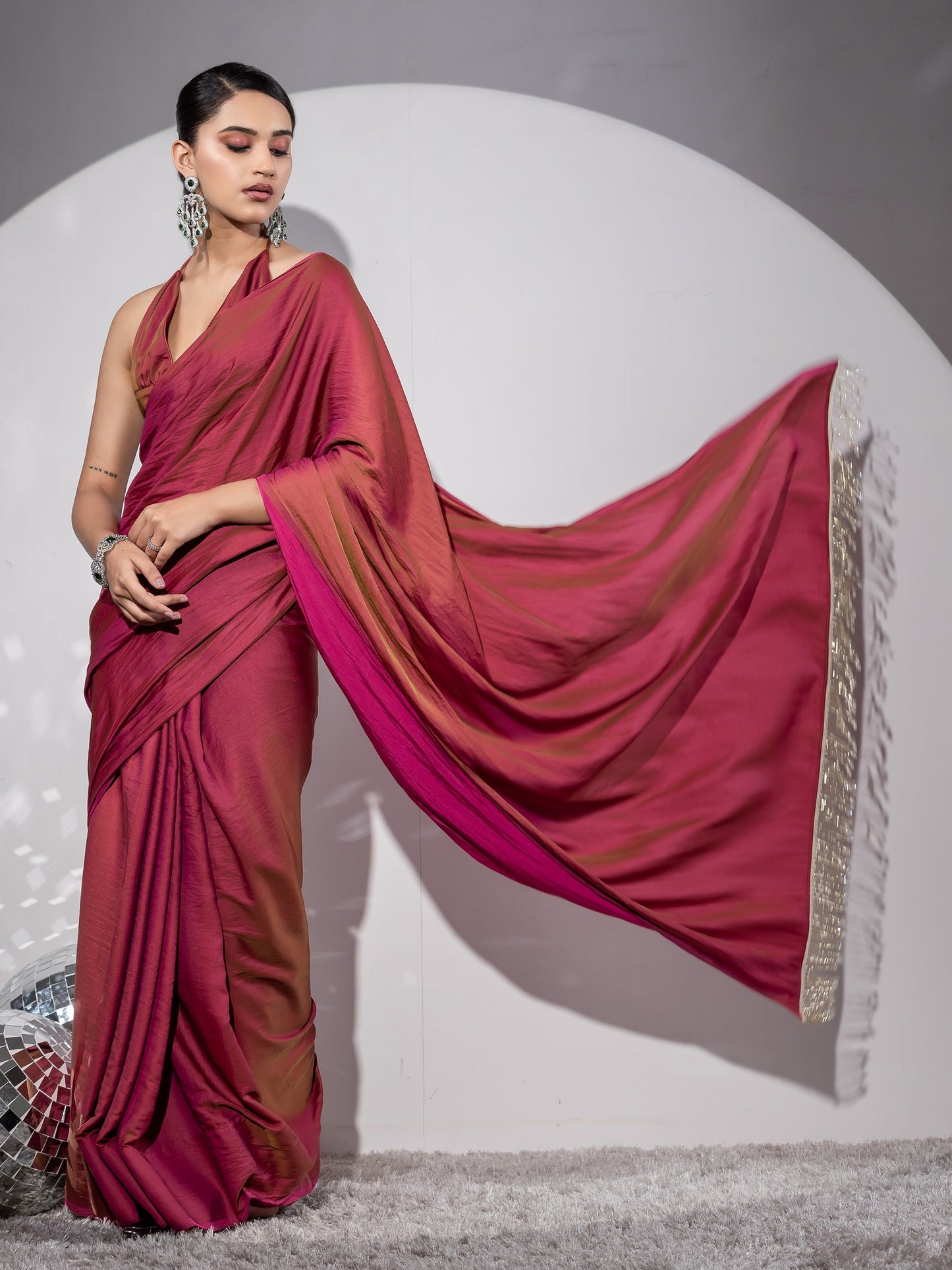 Dhiyona ST Treasure Paradise Satin Saree with Long Beads and Blouse Fabric