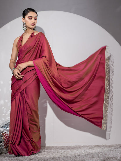 Dhiyona ST Treasure Paradise Satin Saree with Long Beads and Blouse Fabric