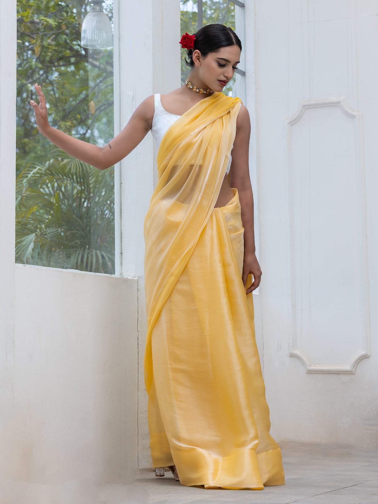 Dhiyona ST Lemon Fizz Chiffon Organza Saree with Lace and Blouse fabric