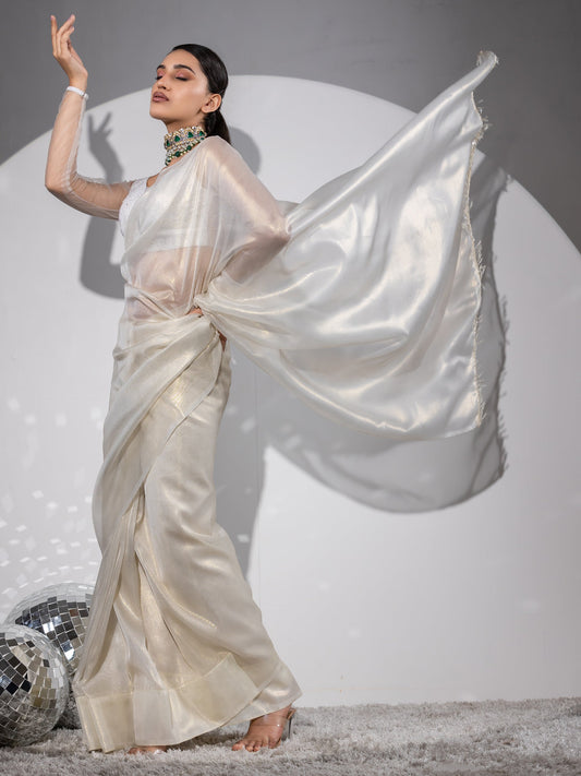 Dhiyona ST Royal Affair White Gold Organza Saree with Embroidered Blouse Fabric