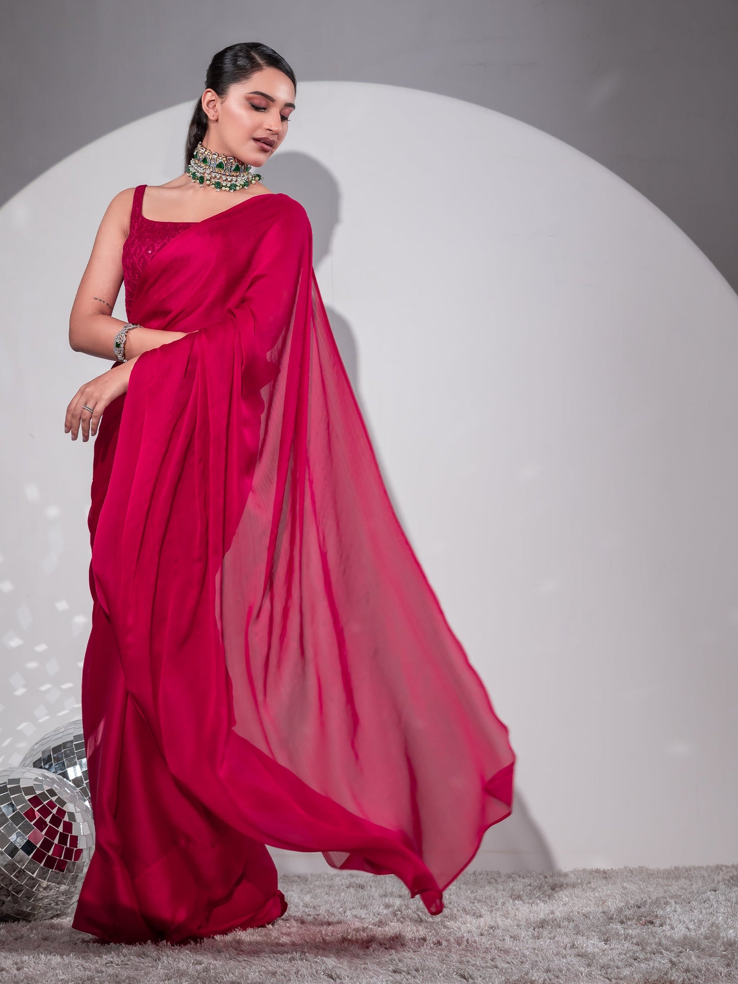 Dhiyona ST Romantic Crimson Butter Chiffon Saree with Embroidered Blouse Fabric