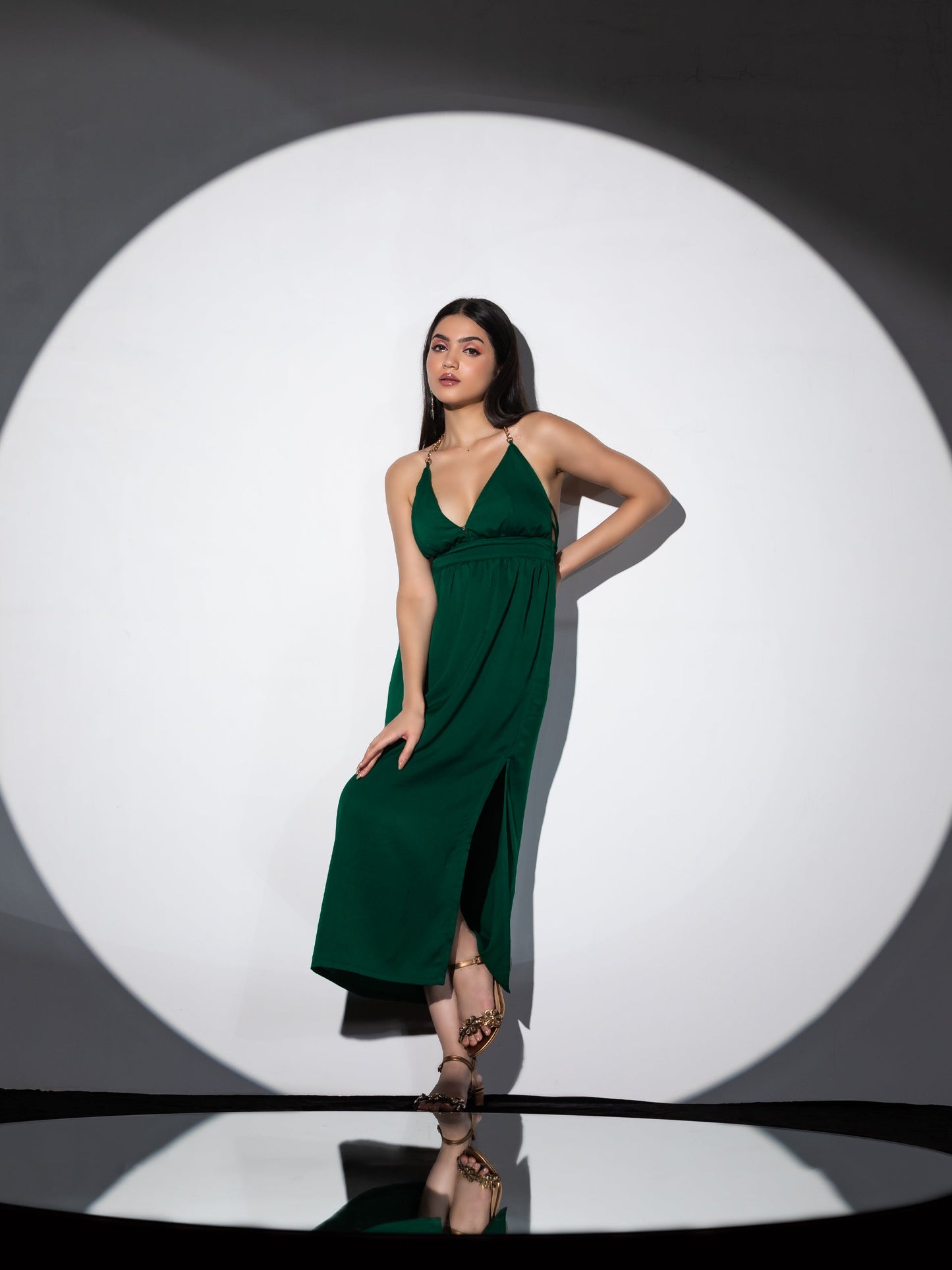Dhiyona ST Women's Metal Strap Korean Emerald Dress Set with Satin Organza Cape 2 Piece Set | A-Line, V Neck, Sleeveless, Partywear, (Satin Organza)