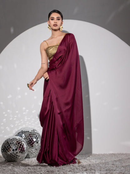 Dhiyona ST Wine Satin Saree with Bronze Pendants