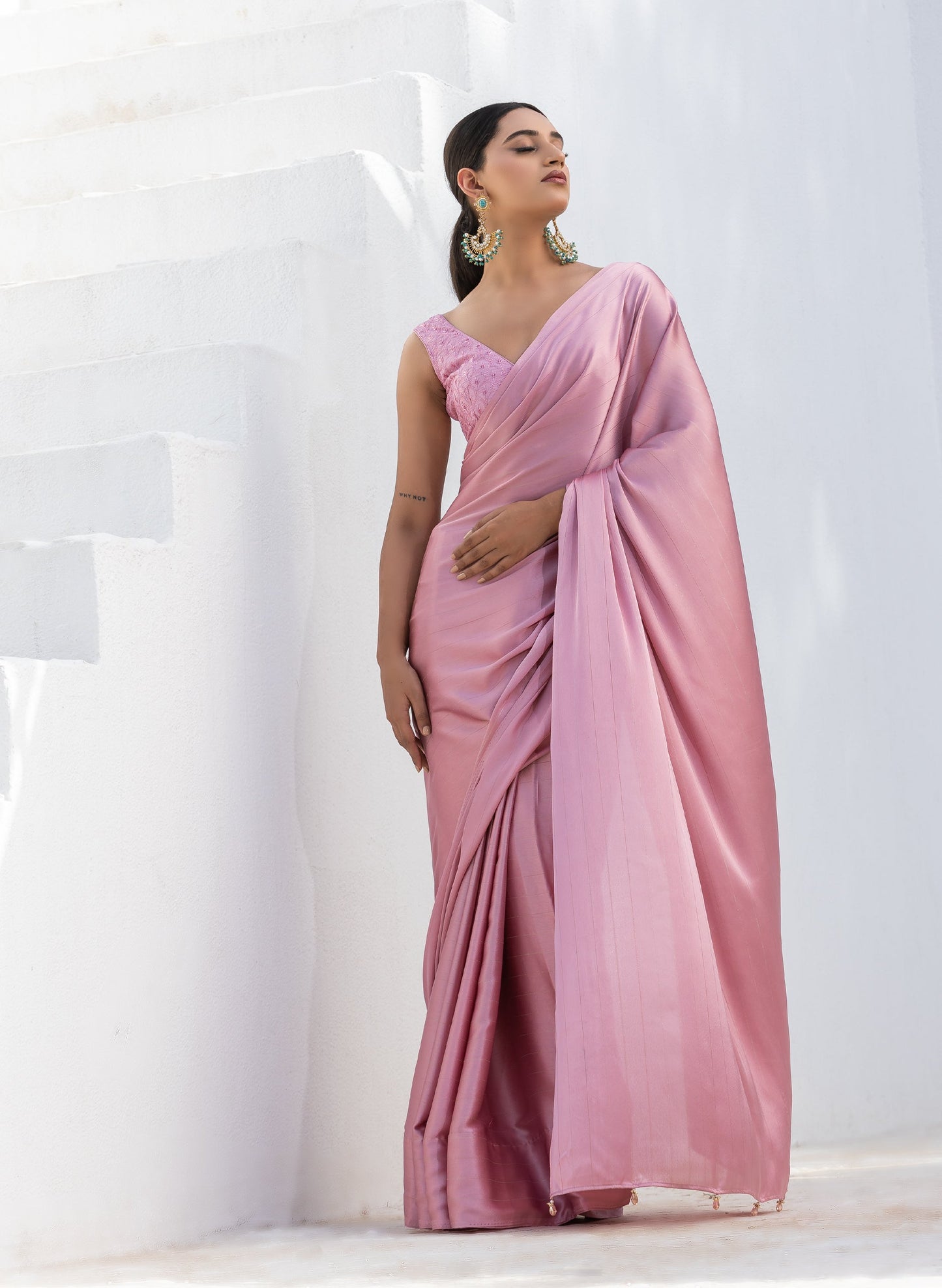 Dhiyona ST Cherry Blossom Pink Stripe Satin Saree with Embroidery Blouse fabric