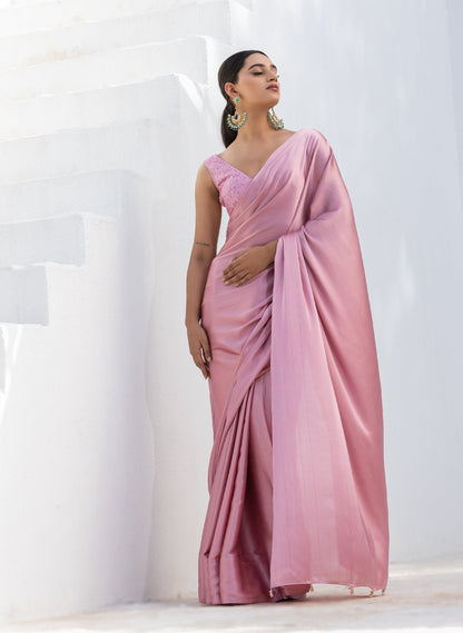 Dhiyona ST Cherry Blossom Pink Stripe Satin Saree with Embroidery Blouse fabric