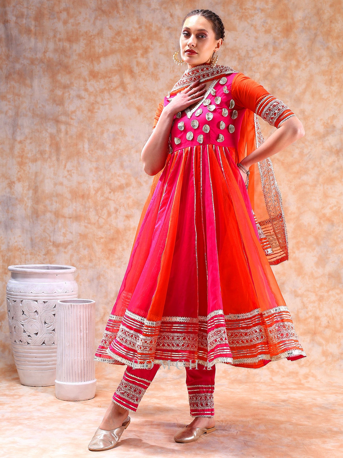 Dil Kash Orange Pink Double Shade Anarkali