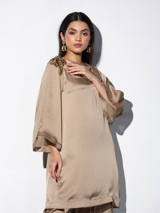 Dhiyona ST Women's Peanut Satin Short Kurta with Embellished Gold Patch on Shoulder 1 Piece | Straight Fit, U Neck, Full Sleeves, Festive Wear, (Satin)