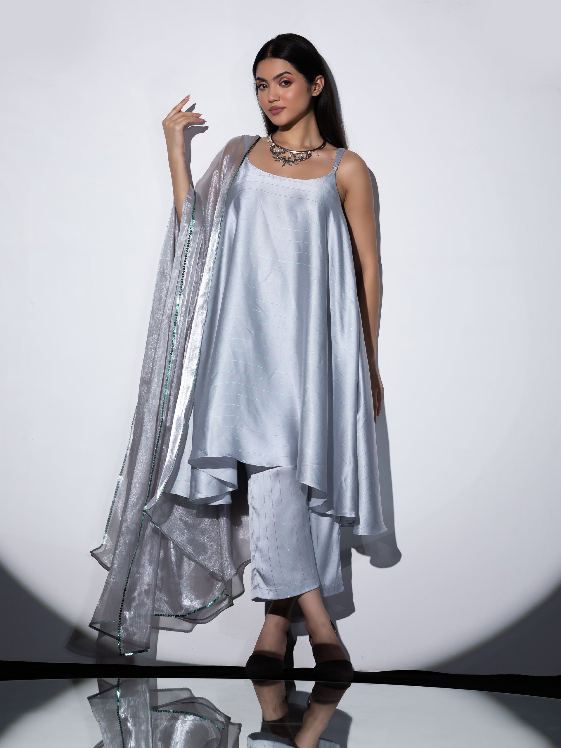 Dhiyona ST Women's Grey Stripe Satin Dress with Pants and Organza Chiffon Dupatta 3 Piece Set | Straight Fit, Round Neck, Sleeveless, Pants, Partywear, (Satin Chiffon)