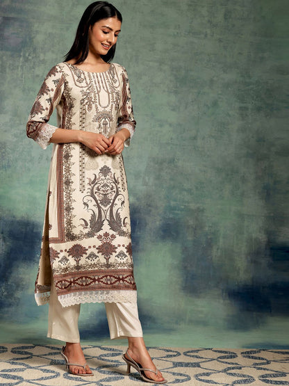 Dhiyona LL Beige Printed Ethnic Motifs Sequinned Straight Kurta With Palazzos & Dupatta