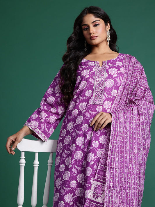 Dhiyona Women's Plus Size Floral Printed Mirror Work Pure Cotton Kurta Set
