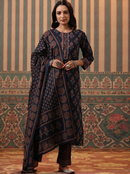Dhiyona RR Women's Ethnic Printed Pure Cotton Kurta with Palazzos & Dupatta
