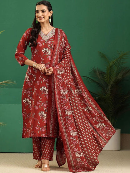 Women Floral Printed Regular Thread Work Kurta with Trousers & With Dupatta