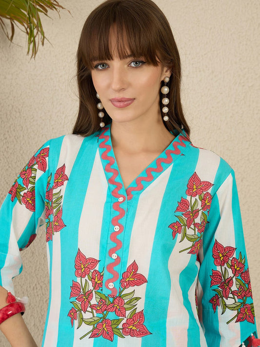 Dhiyona IE Printed Pure Cotton Straight Tunic & Trousers Co-Ord Set