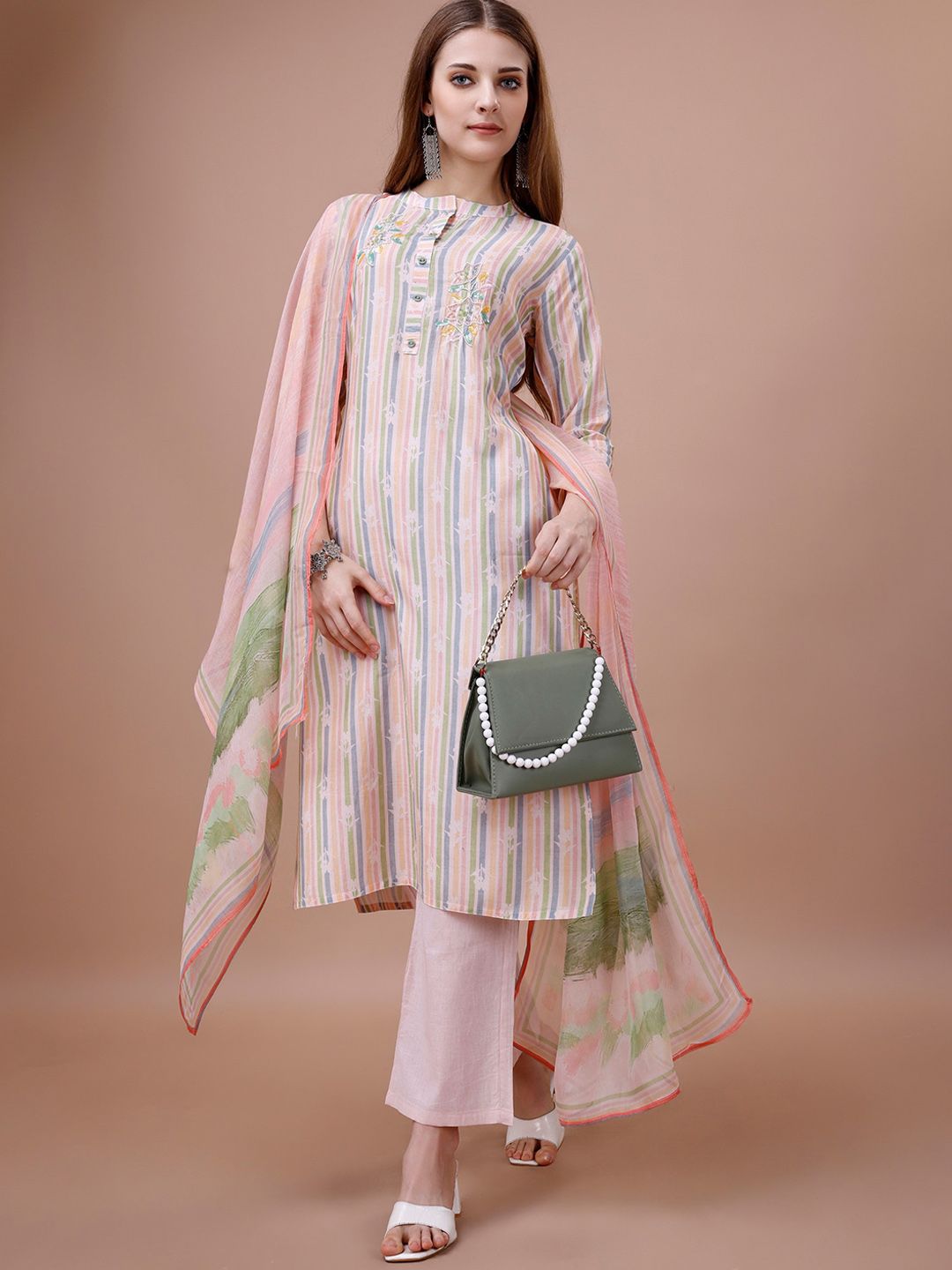 Dhiyona IS Women's Striped Band Collar Thread Work Straight Kurta & Trousers With Dupatta