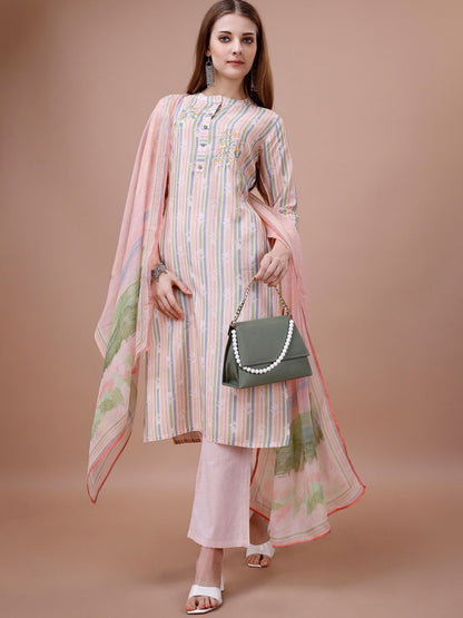 Dhiyona IS Women's Striped Band Collar Thread Work Straight Kurta & Trousers With Dupatta