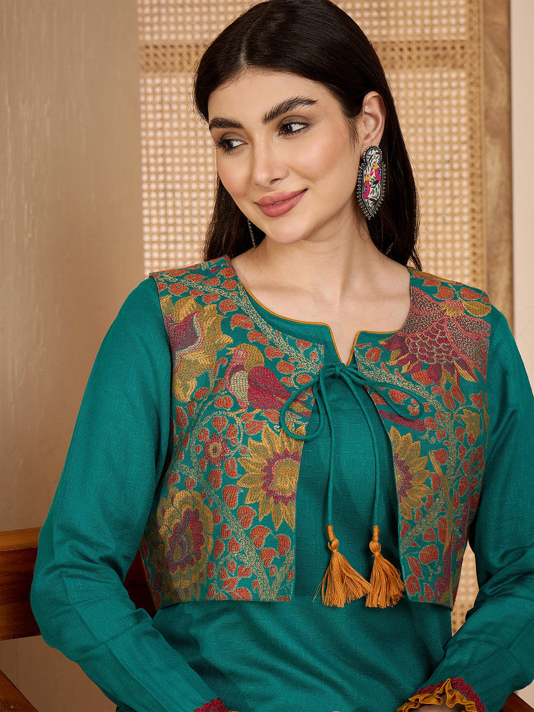 Winter Ethnic three-Piece kurta Set with Tassel-Tie Jacket