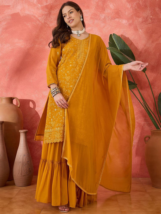Dhiyona SN Floral Embroidered V-neck Straight Kurta With Sharara And Dupatta