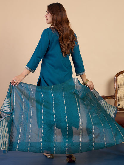 Dhiyona VV Teal Elegant Embroidered Kurta Pant Set for Women