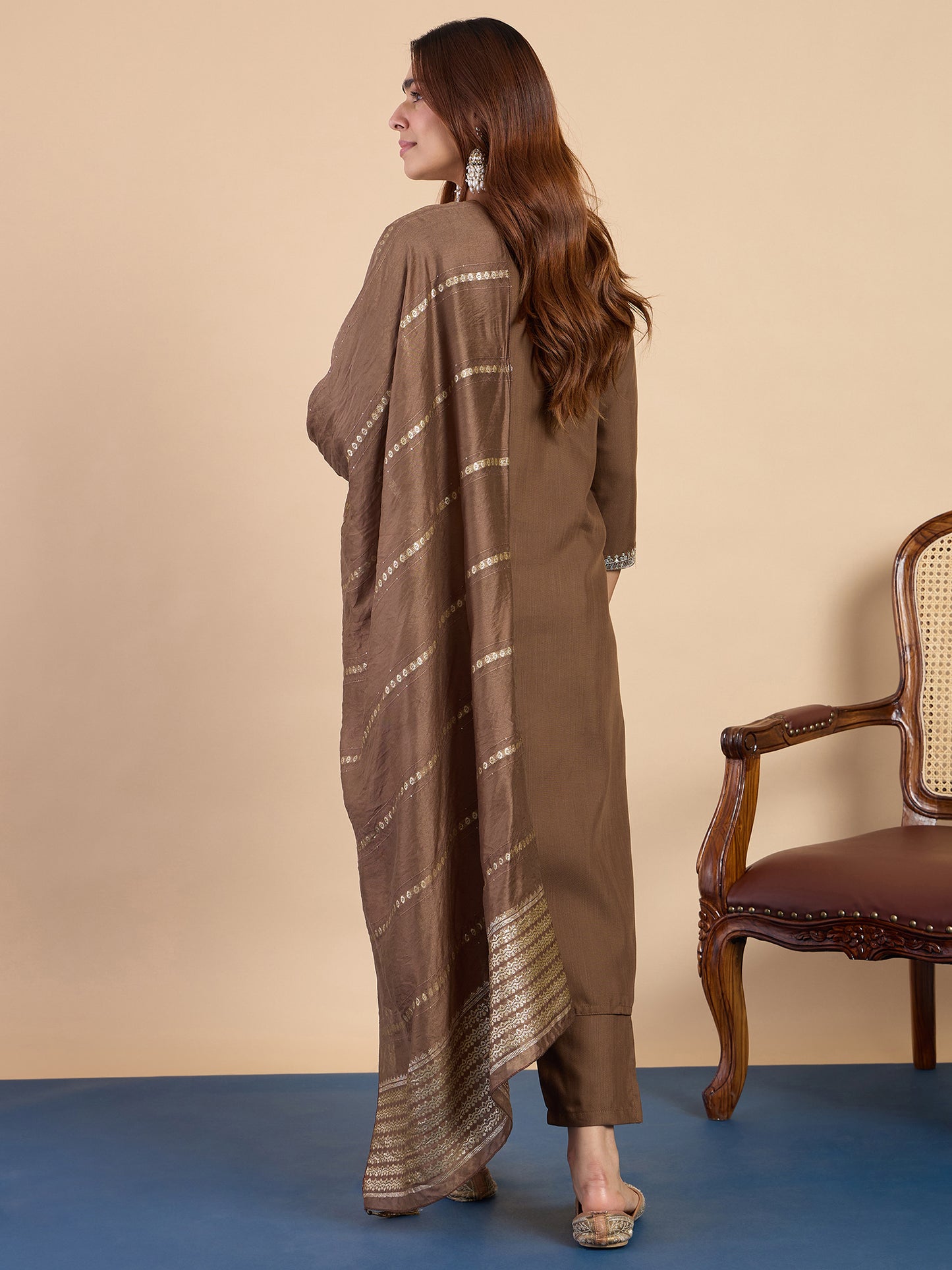 Dhiyona VV Brown Elegant Embroidered Kurta Pant Set for Women