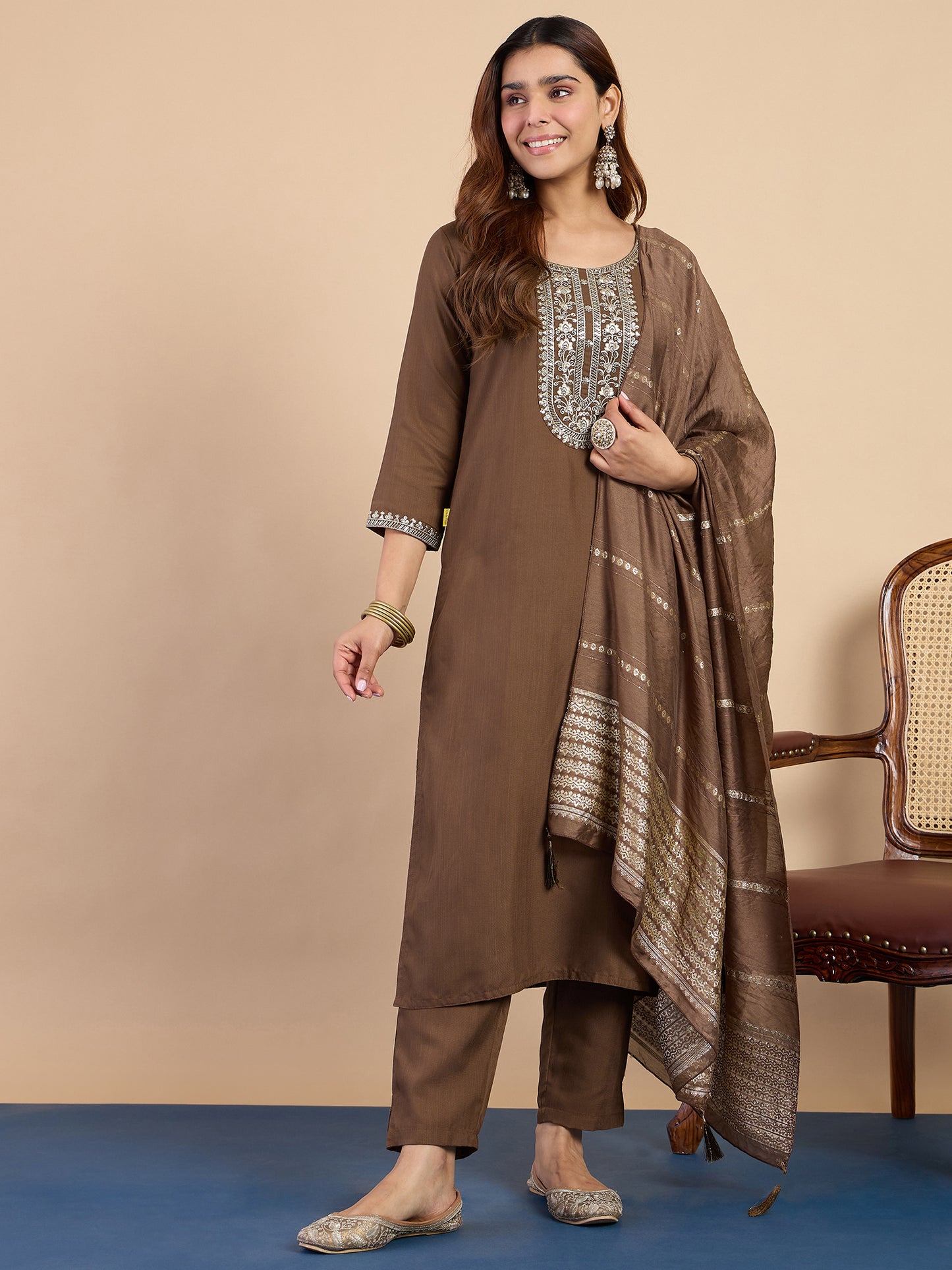 Dhiyona VV Brown Elegant Embroidered Kurta Pant Set for Women