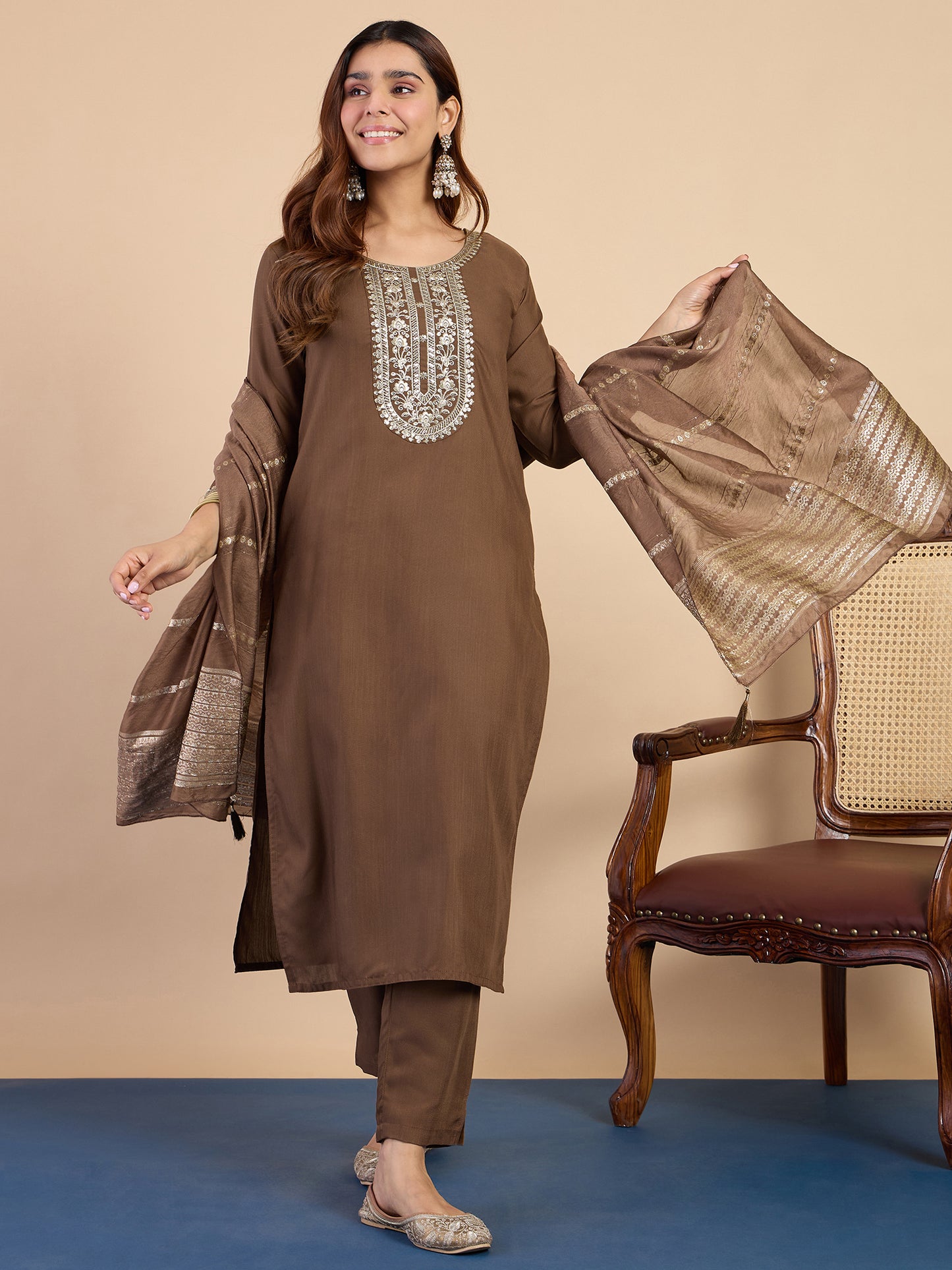 Dhiyona VV Brown Elegant Embroidered Kurta Pant Set for Women