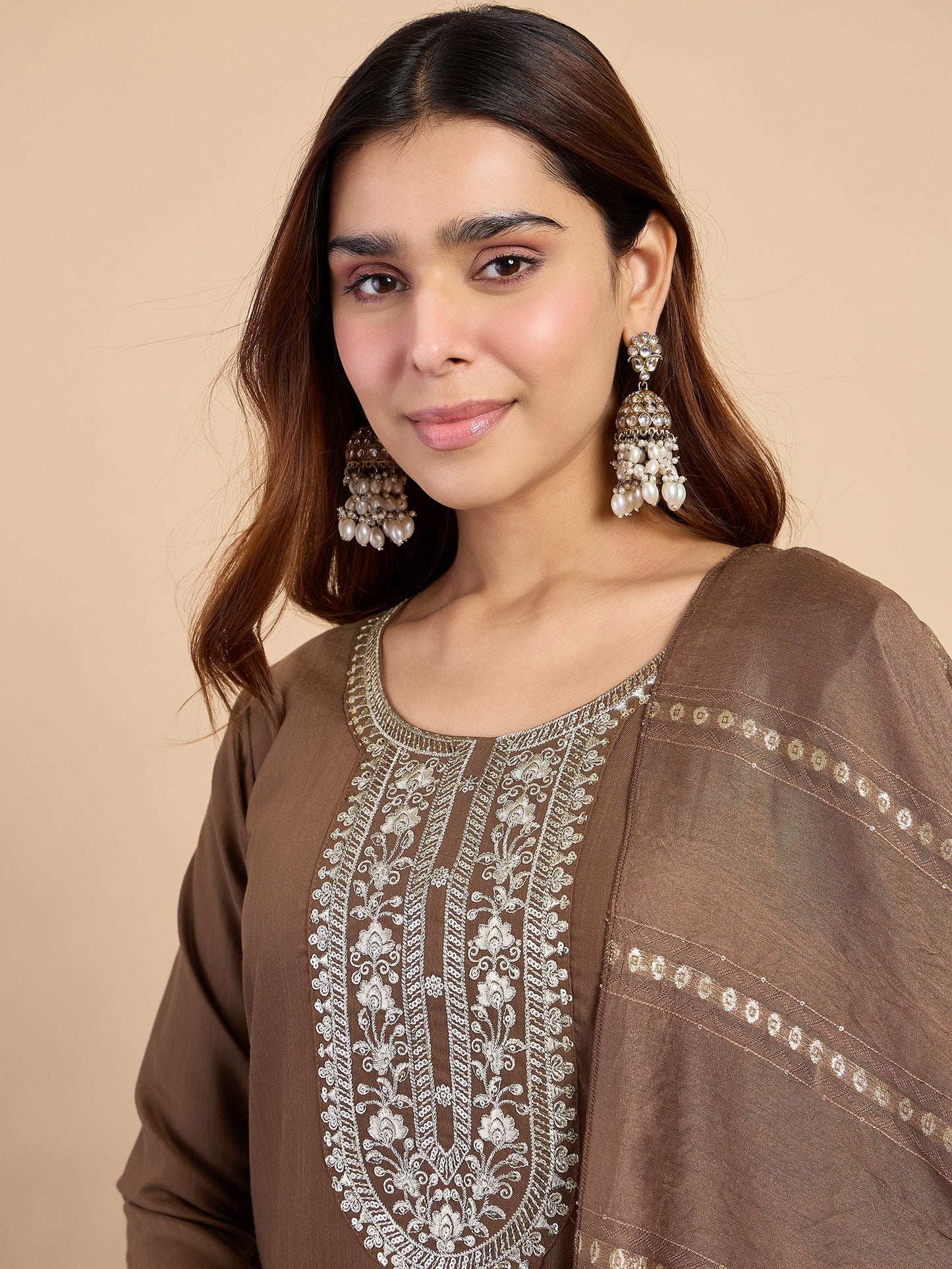 Dhiyona VV Brown Elegant Embroidered Kurta Pant Set for Women