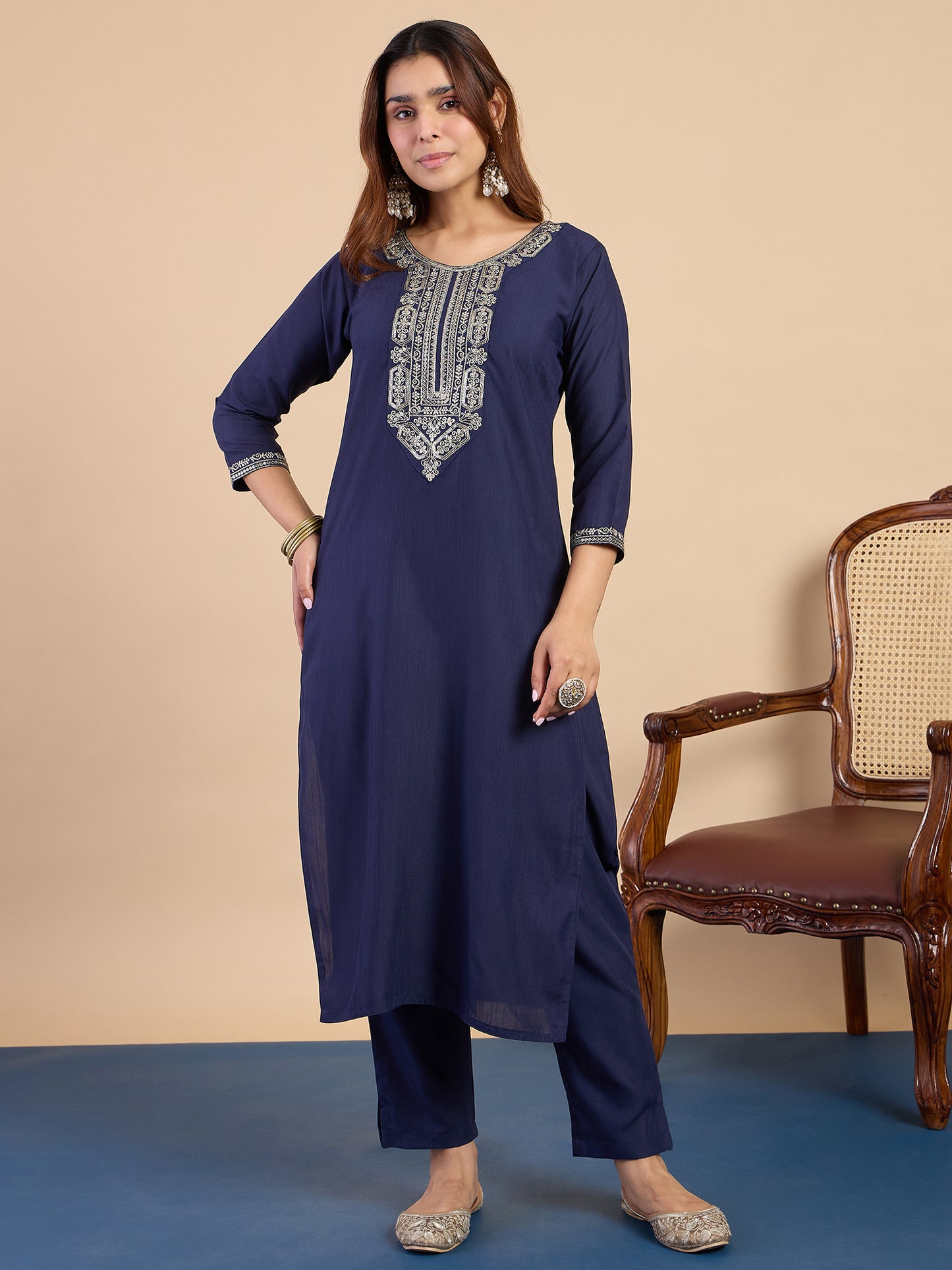 Dhiyona VV  Navy Blue Wome's Traditional Kurta Pant Set with Dupatta