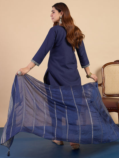 Dhiyona VV  Navy Blue Wome's Traditional Kurta Pant Set with Dupatta