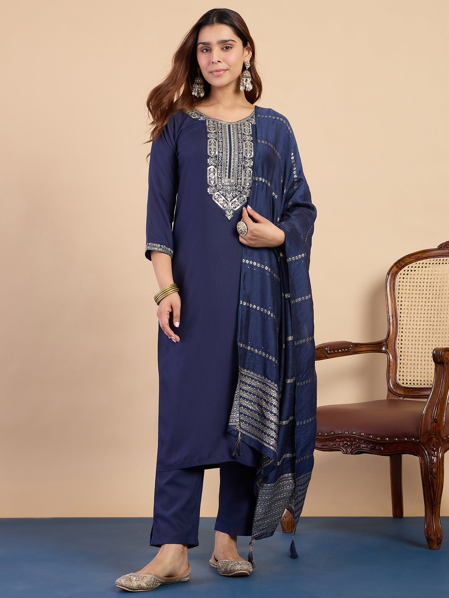 Dhiyona VV  Navy Blue Wome's Traditional Kurta Pant Set with Dupatta
